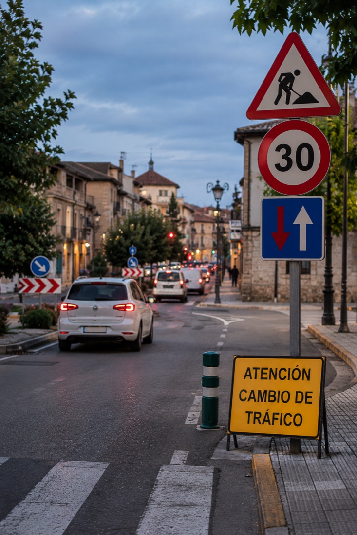 Calle urbana con señalización temporal y tráfico